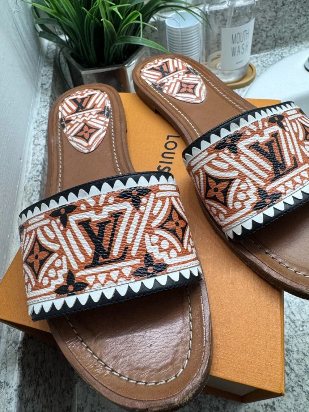 Louis Vuitton Brown, White & Black Patterned Slide Sandals! - Picture 1 of 4